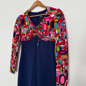 RARE Vtg 70s groovy hippie psychedelic pink + blue mod empire maxi dress / sz S